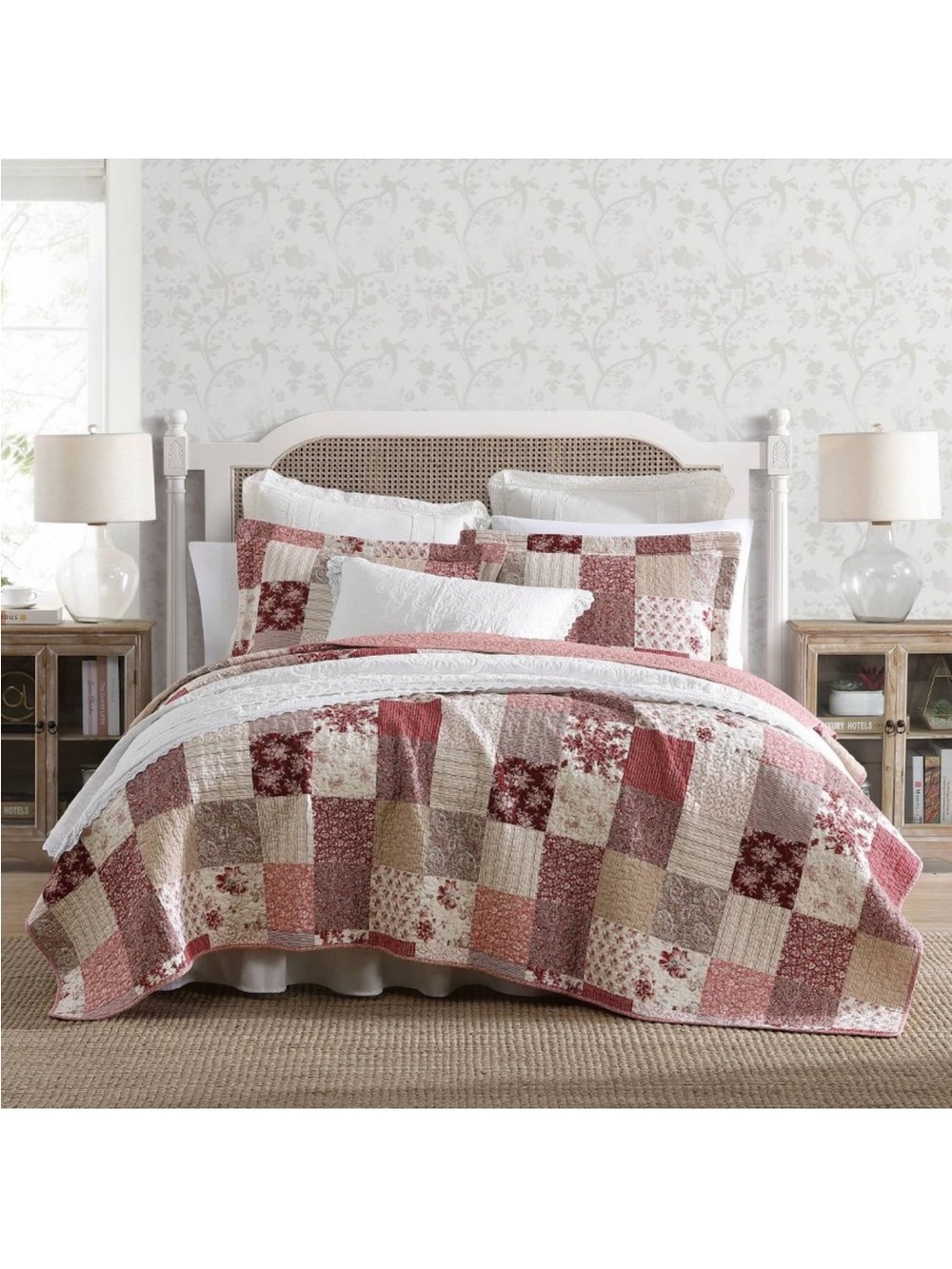 Laura Ashley Celina Full Queen Red Patchwork 3 Pc Cotton Quilt Set NWT